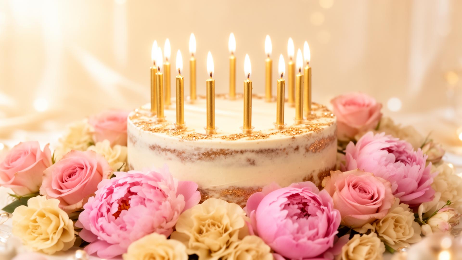 Birthday cake with candles and roses